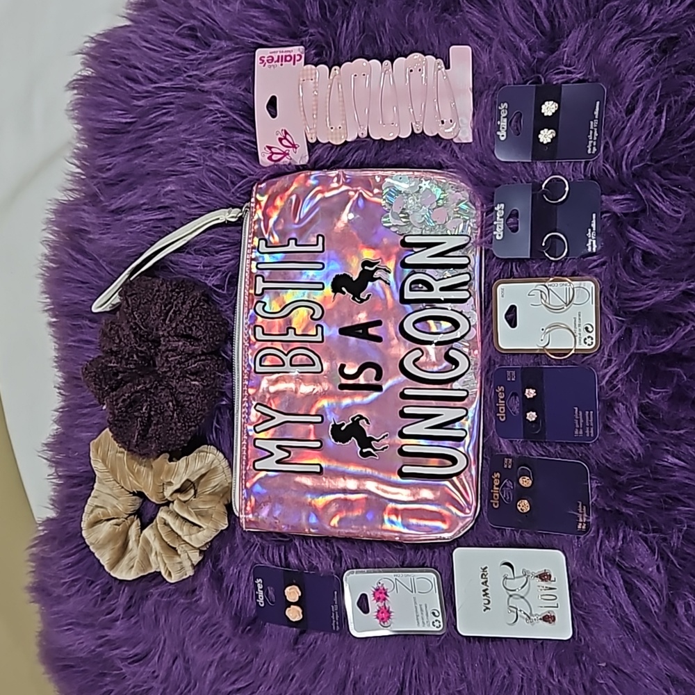 Justice Pink Makeup Bag with 2 scruchies, hair clips and 8 set Claire's earrings